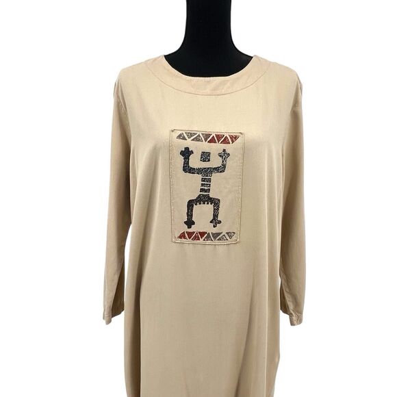 Blue‎ Cactus Vintage Women’s Maxi Dress Large 100% Cotton Long Sleeve Tan - Picture 4 of 7